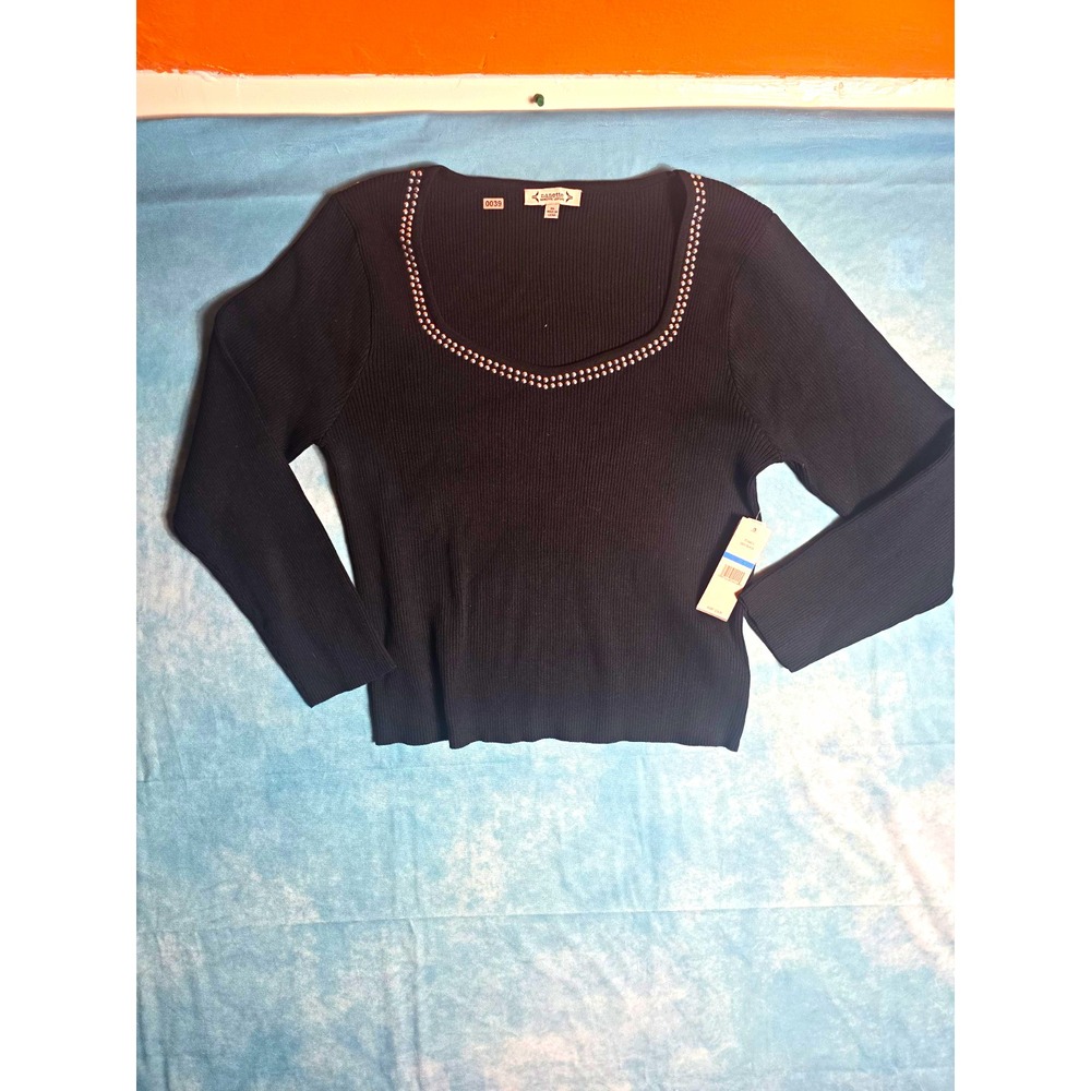 Nanette Lepore Women Black Ribbed Knit Studded Scoop Neck Pullover Sweater XL